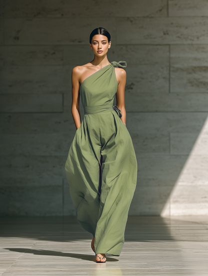 Light Green Cotton-Linen One-Shoulder Tie Waist Wide-Leg Jumpsuit