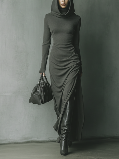Dark Grey High-Elastic Knit Hooded Maxi Dress