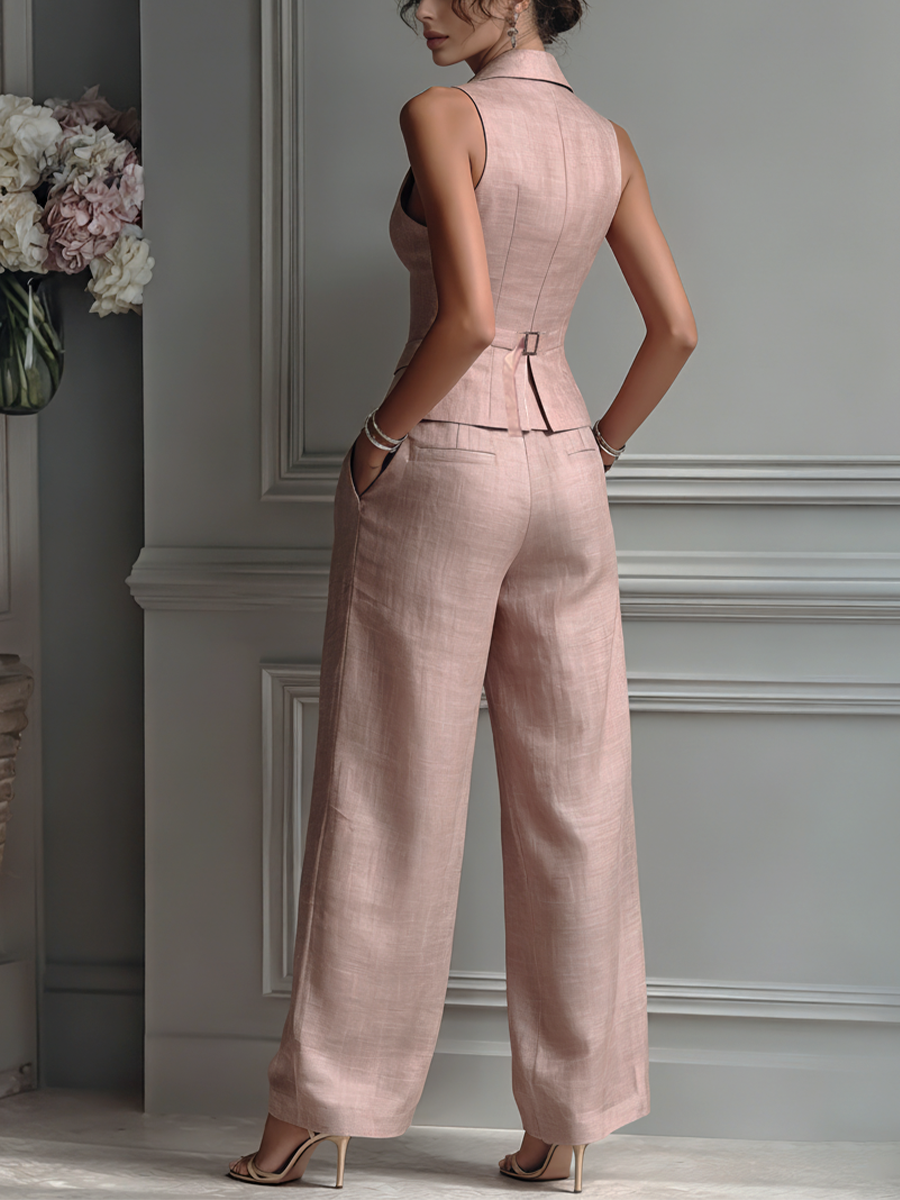 Blush Pink Linen Lapel Sleeveless Vest & Wide-Leg Pants Set