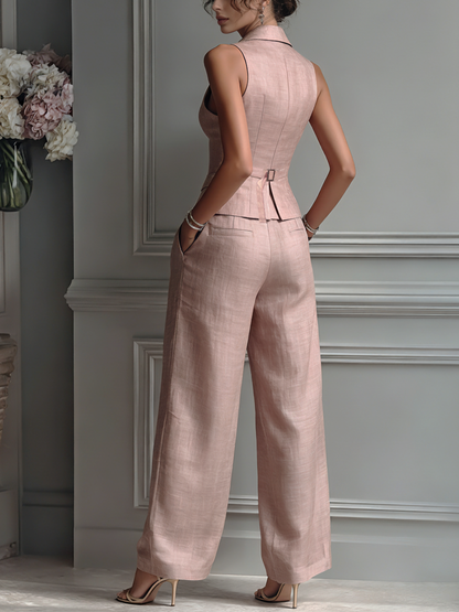 Blush Pink Linen Lapel Sleeveless Vest & Wide-Leg Pants Set
