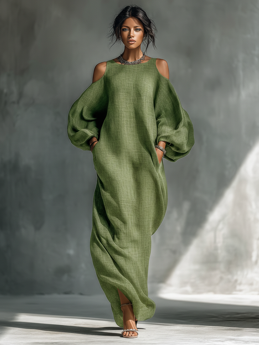 Light Green Cold-Shoulder Puff Sleeve Maxi Dress