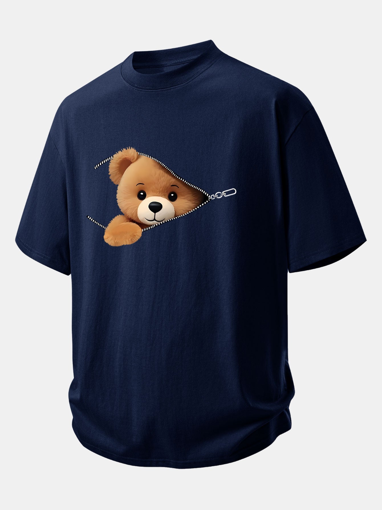 Relax Fit Zipper Bear Print Cotton T-Shirt