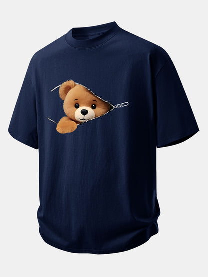 Relax Fit Zipper Bear Print Cotton T-Shirt