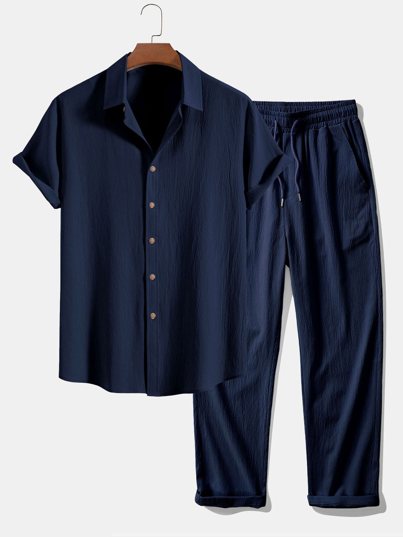 Crinkled Textured Button Up Shirt & Straight Leg Pants
