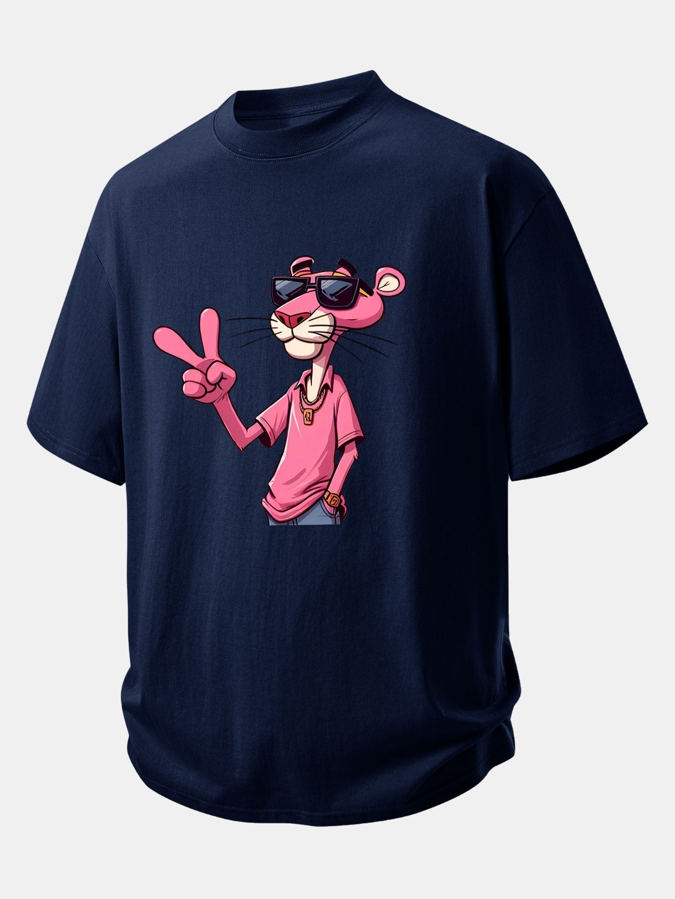 Relax Fit Pink Panther With V Sign Print Cotton T-Shirt