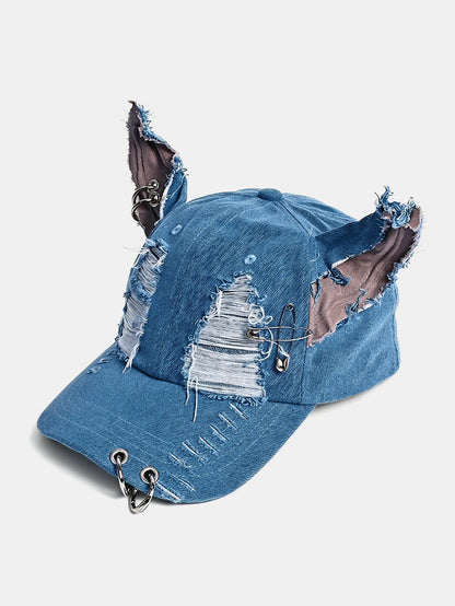 Gothic Western Distressed Denim Baseball Cap With Metal Rings