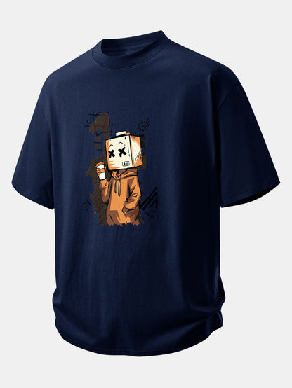 Relax Fit Cartoon Box Head Print Cotton T-Shirt