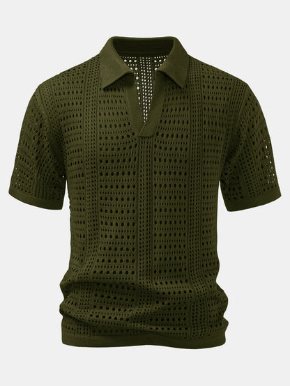 Crochet  V Neck Polo Shirt & Crinkle Textured Drawstring 5" Shorts