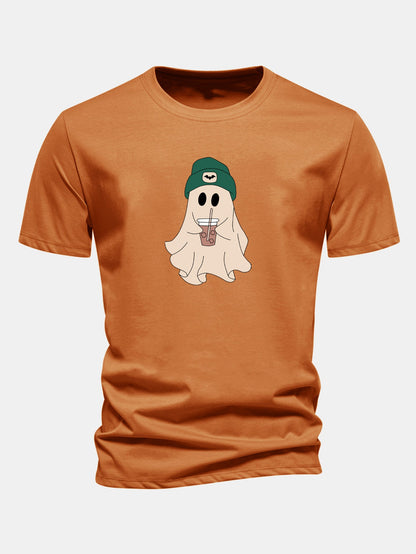 Regular Fit Darkgreen Hat Ghost Print Cotton T-Shirt