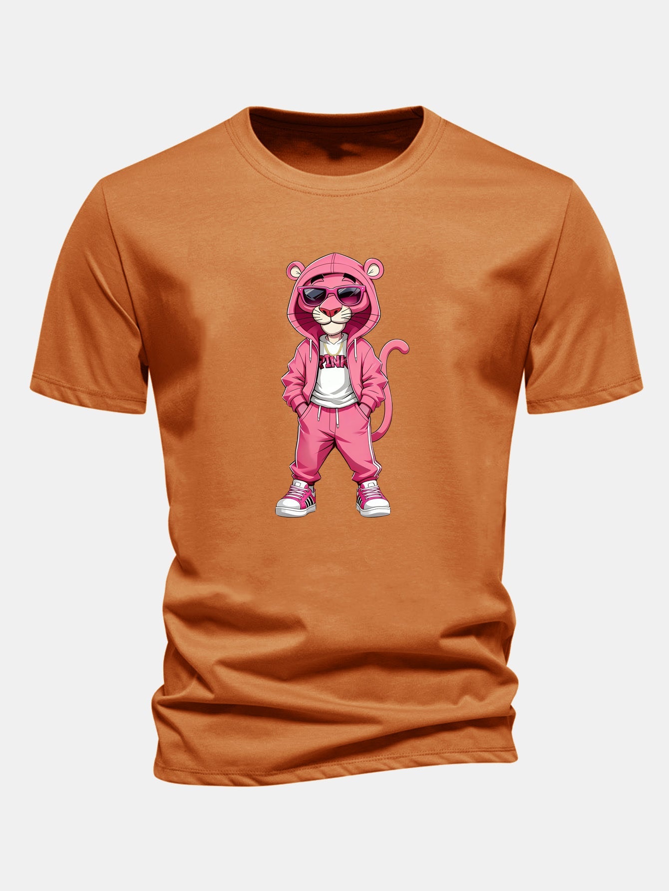 Regular Fit Street Fashion Pink Panther Print Cotton T-Shirt
