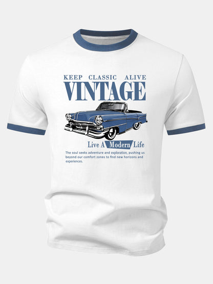 Vintage Car Print Contrast Ringer T-Shirt