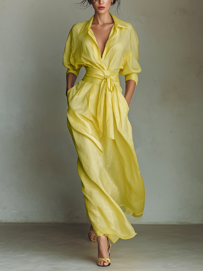 Lemon Yellow Cotton-Linen Tie Waist Maxi Shirt Dress
