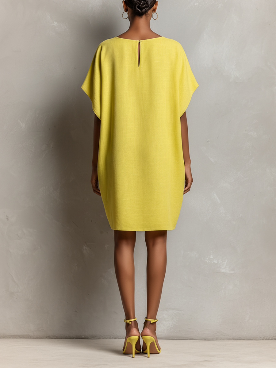 Linen Batwing Sleeve Patch Pocket Shift Dress