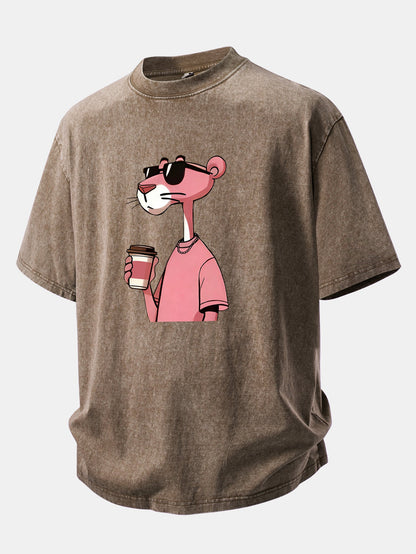 Pink Panther Drinking Coffee Print Washed Distressed Drop Shoulder T-Shirt