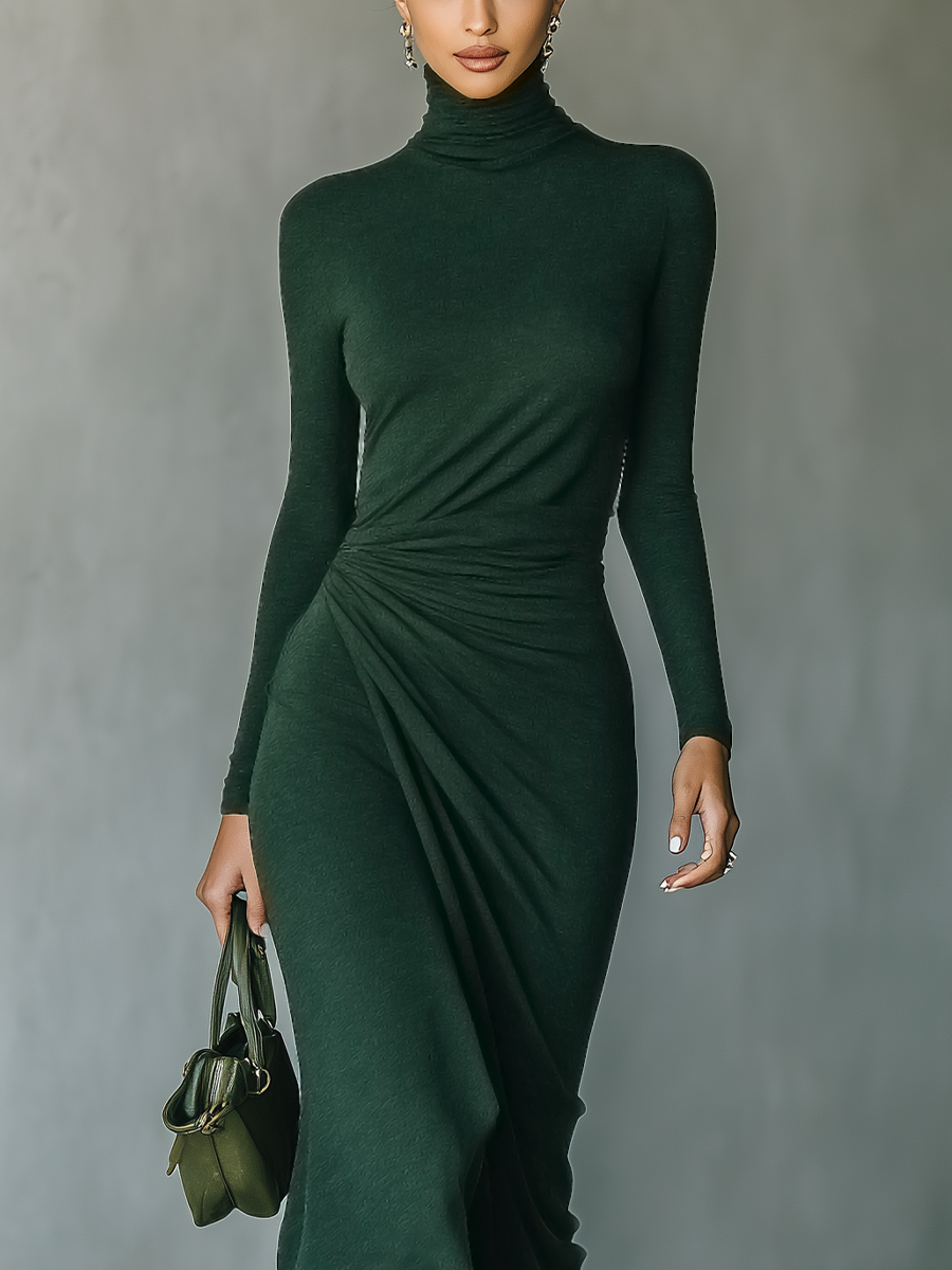 Dark Green High-Elastic Knit High-Neck Wrap Midi Dress