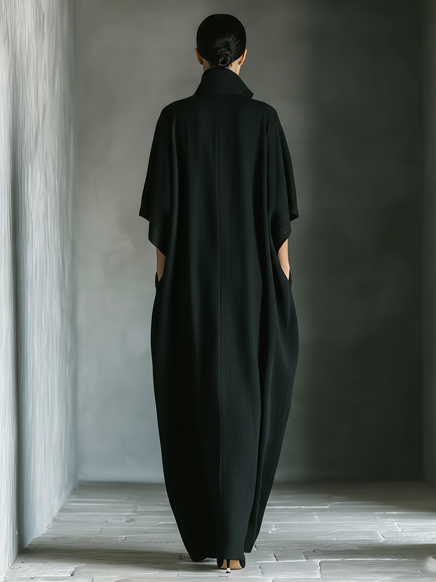 Black Cotton Oversized Kimono Sleeve Maxi Dress