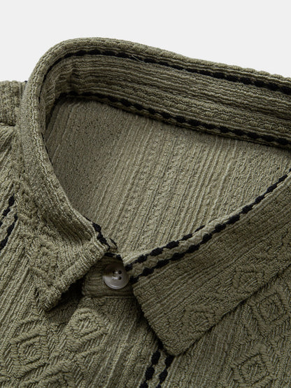 Geometric Striped Jacquard Button Up Shirt & Crinkle Textured Drawstring 5" Shorts