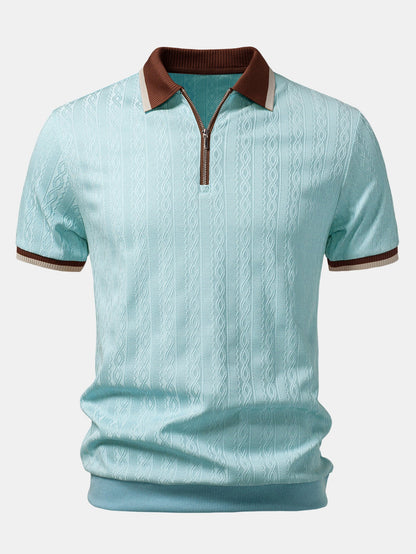 Contrast Trim Textured Zipper Knit Polo & Elastic Waist Chino Shorts