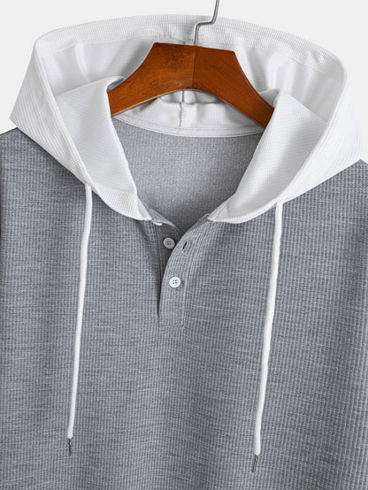 Contrast Button-Placket Waffle Hooded T-Shirt