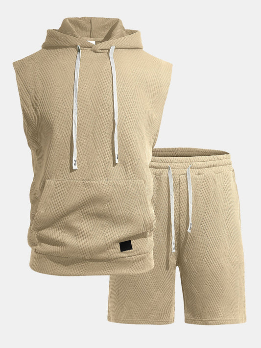 Stripe Textured Sleeveless Hooded T-Shirt & Drawstring Shorts Set