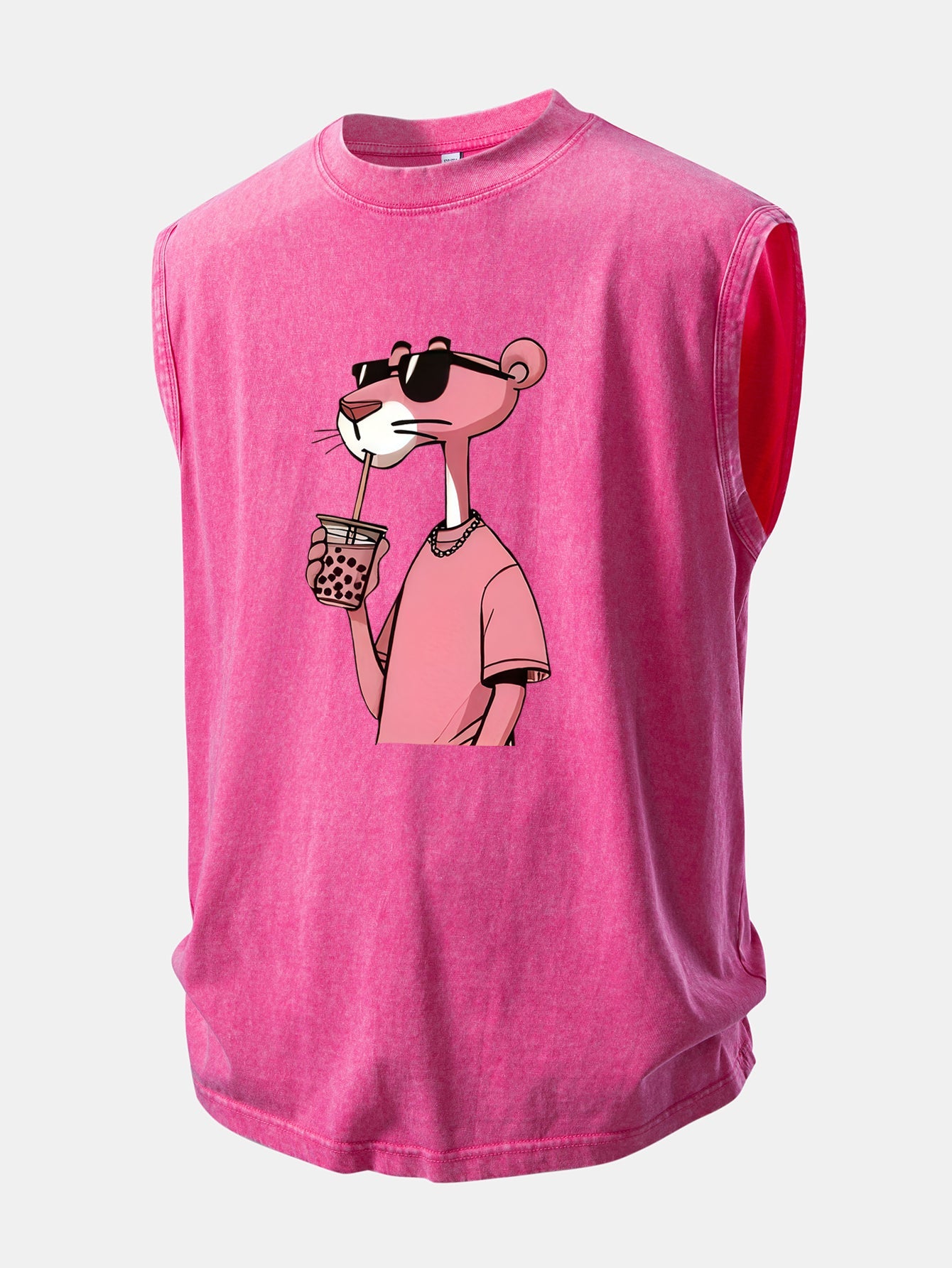 Pink Panther Print Washed Distressed Tank Top