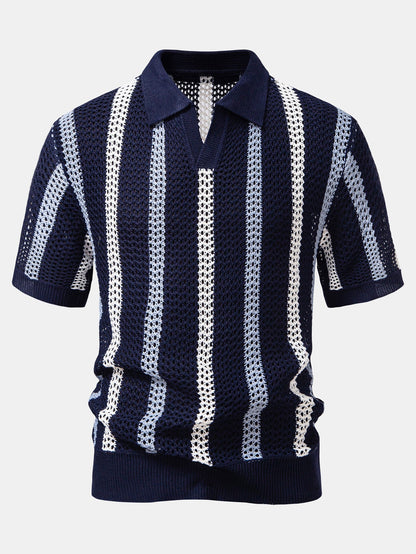Striped Crochet V Neck Polo & Crinkle Textured Drawstring 5" Shorts