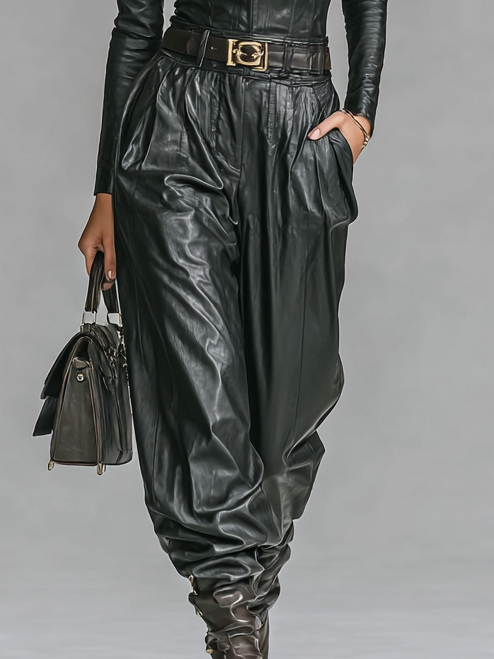 PU Leather Slim Fit Zipper Stand Collar Shirt & Pants Set