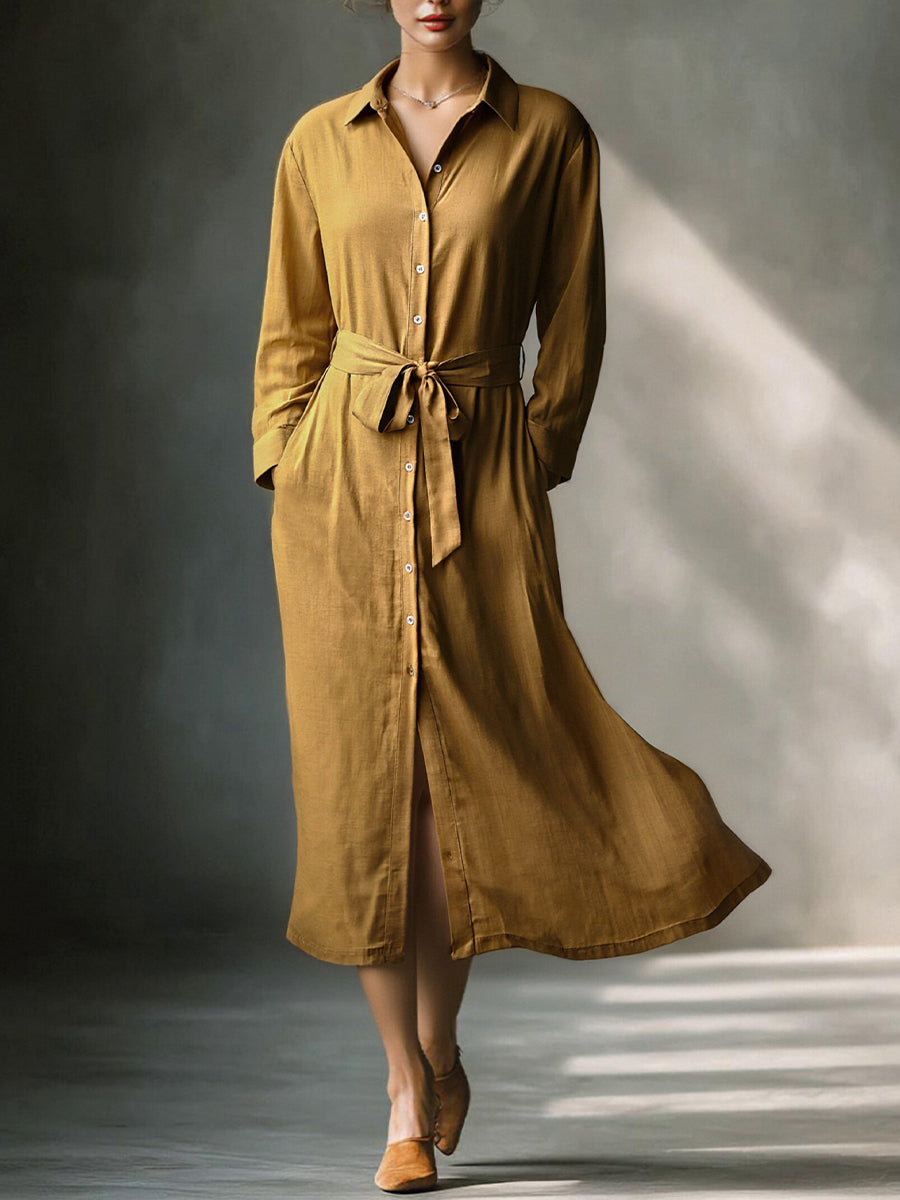 Linen Button-Front Belted Midi Shirt Dress