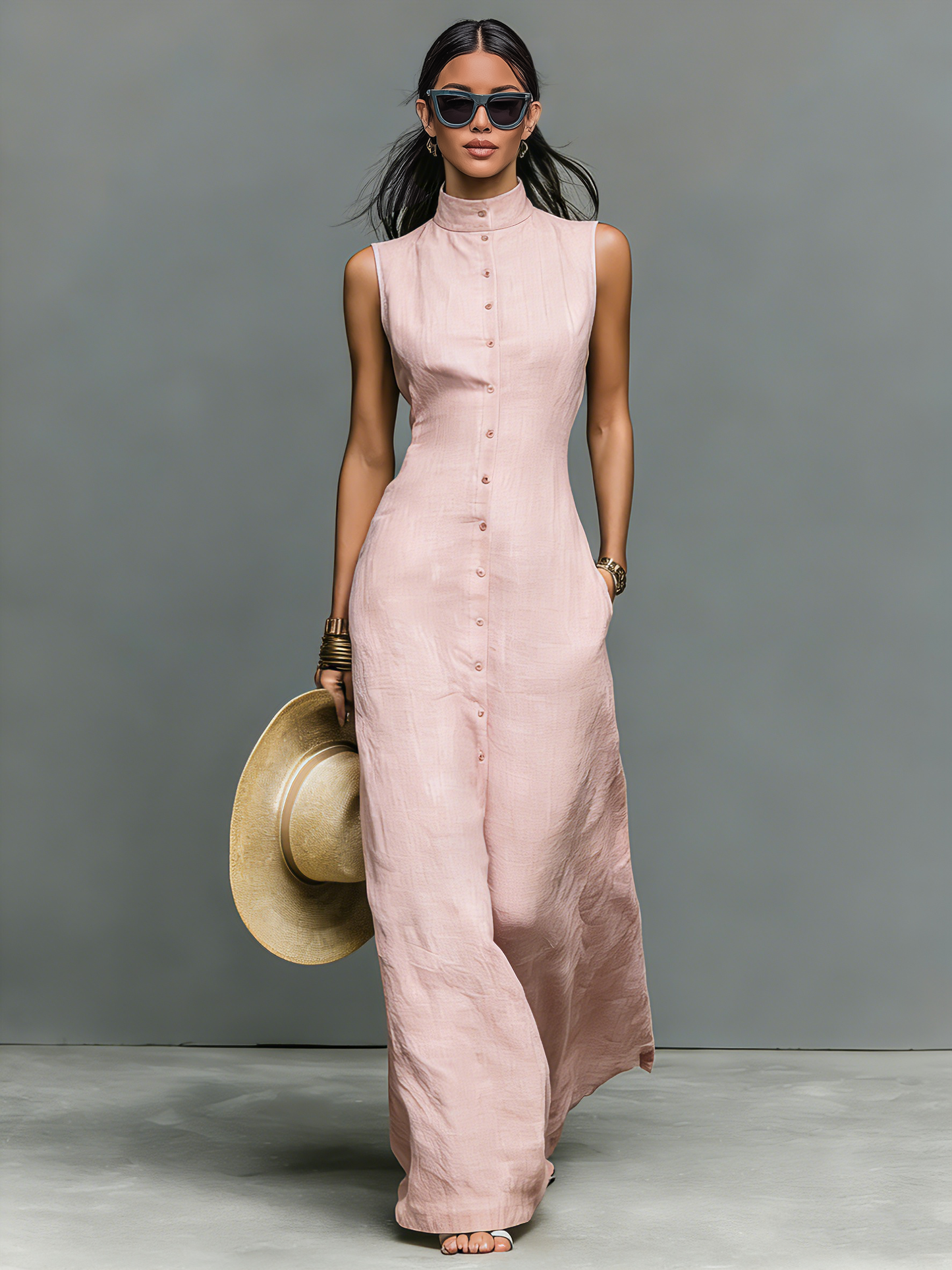 Women’s Minimalist Linen-Blend Stand-Collar Single-Breasted Sleeveless Maxi Dress
