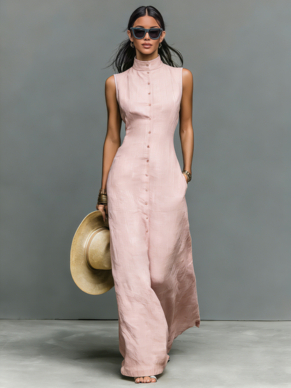 Women’s Minimalist Linen-Blend Stand-Collar Single-Breasted Sleeveless Maxi Dress