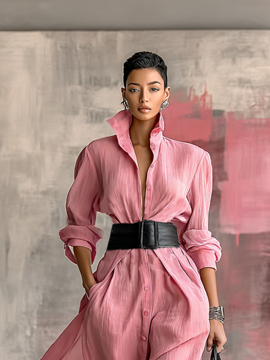 Lapel Long Sleeve Single-Breasted Belted Maxi Shirt Dress