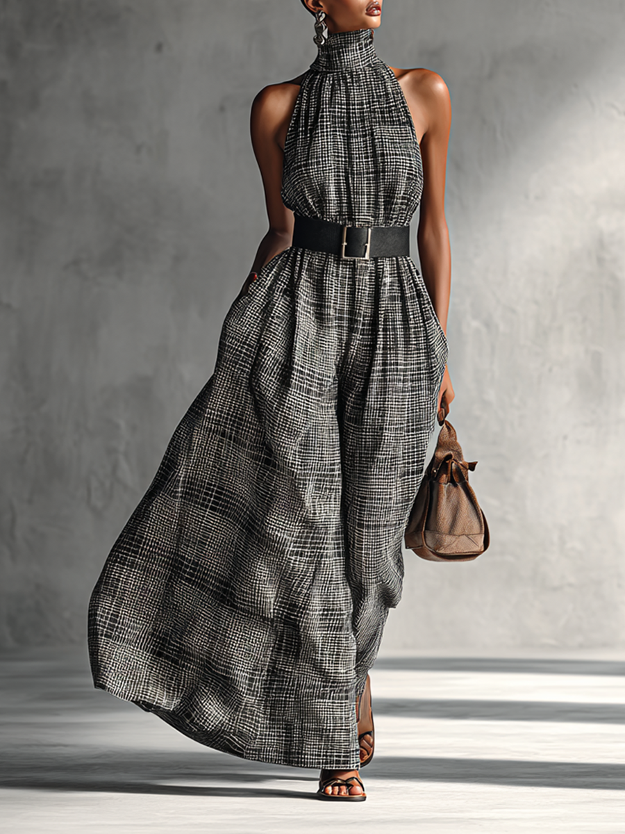 Plaid High Collar Sleeveless Belted Maxi Dress
