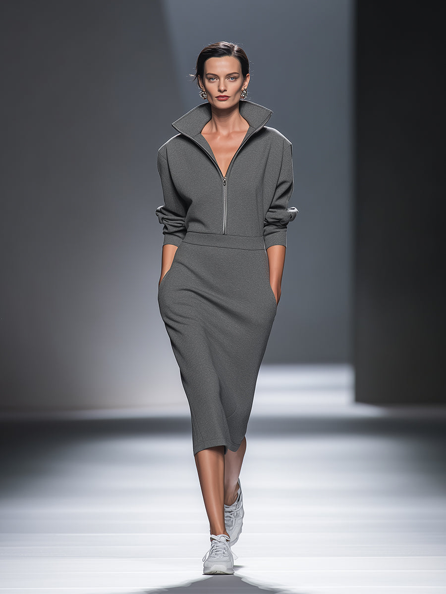 Cotton Blend Half-Zip Midi Dress