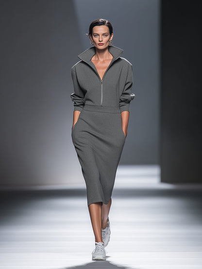 Cotton Blend Half-Zip Midi Dress