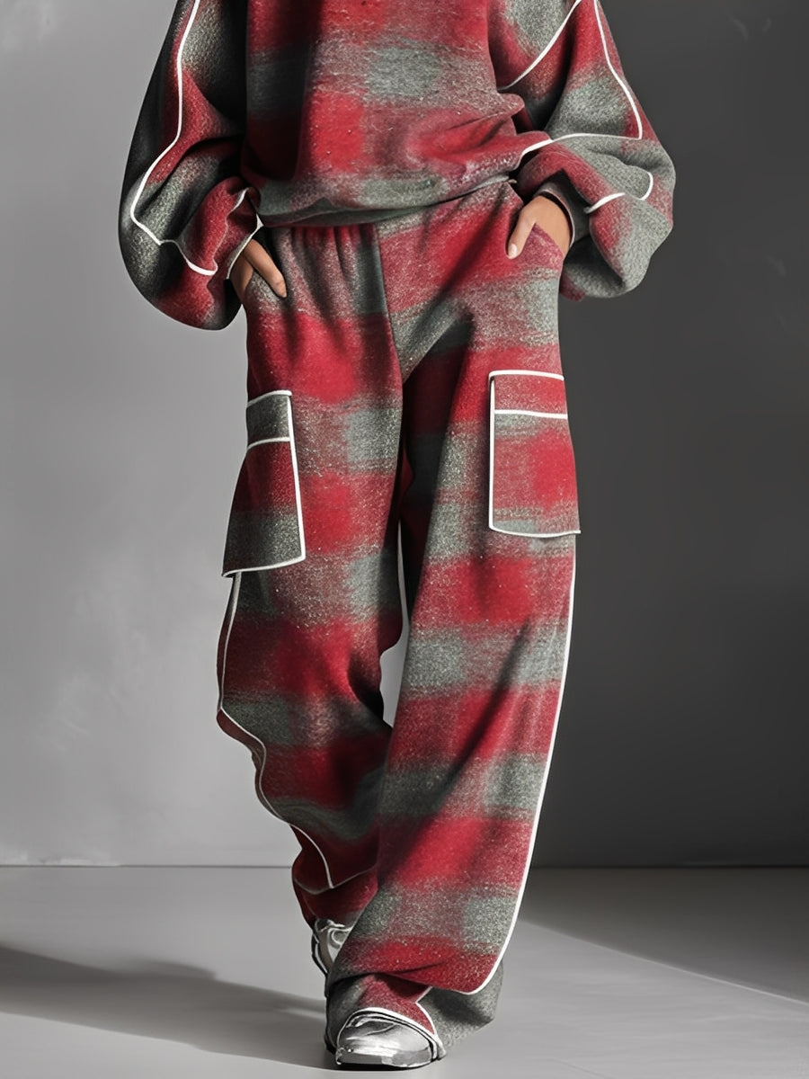 Red & Grey Plaid Colour Block Piping Pantsuit Set