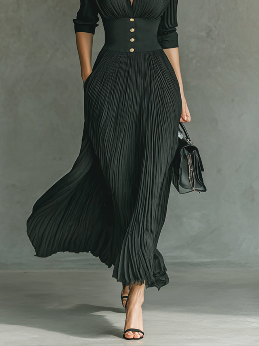 Solid Pleated Lapel Waist Long Sleeve Maxi Dress