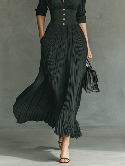 Solid Pleated Lapel Waist Long Sleeve Maxi Dress