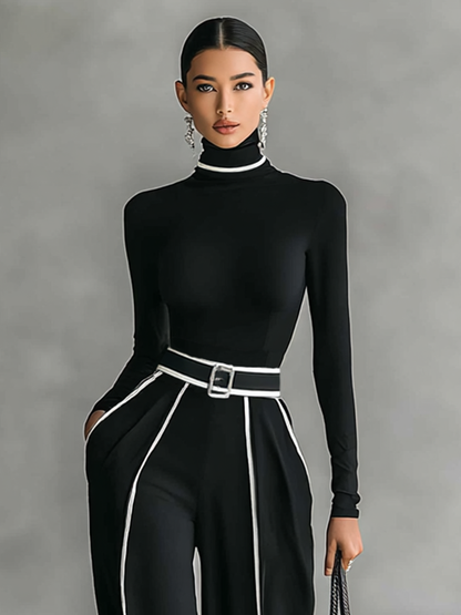 White Trim Turtleneck Long Sleeve Top & Wide-Leg Pants Set
