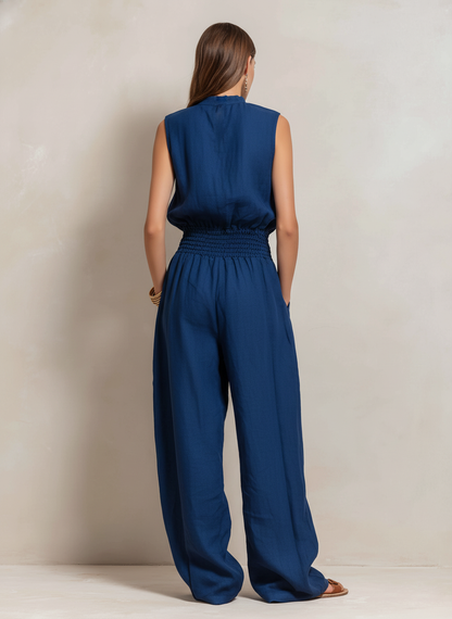 Cotton Linen Round Neck Sleeveless Jumpsuit