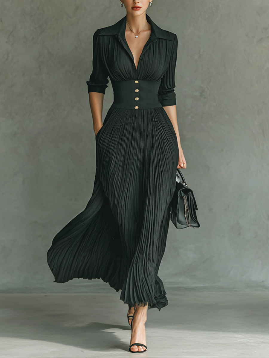 Solid Pleated Lapel Waist Long Sleeve Maxi Dress