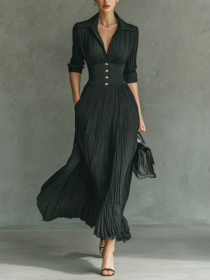 Solid Pleated Lapel Waist Long Sleeve Maxi Dress