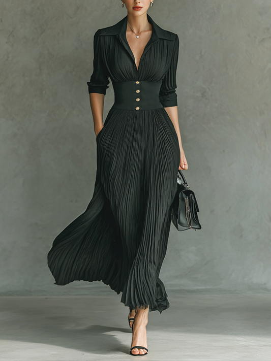 Solid Pleated Lapel Waist Long Sleeve Maxi Dress