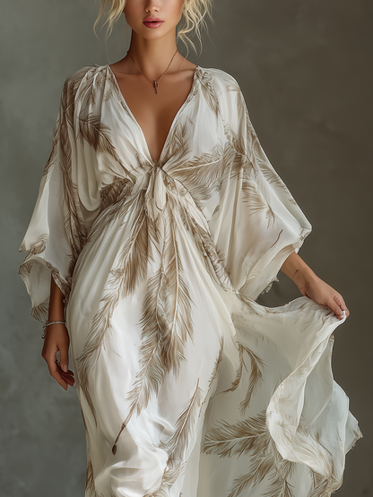 Ivory & Taupe Chiffon Palm Leaf Print Dolman Sleeve Maxi Dress