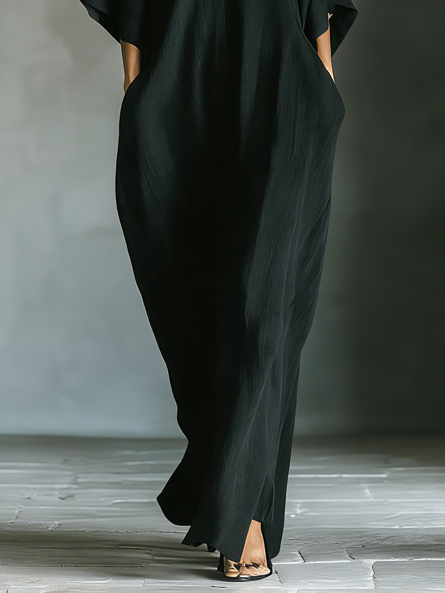 Black Cotton Oversized Kimono Sleeve Maxi Dress