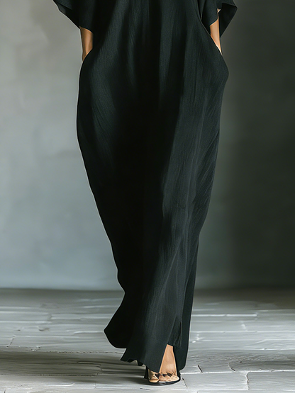 Black Cotton Oversized Kimono Sleeve Maxi Dress