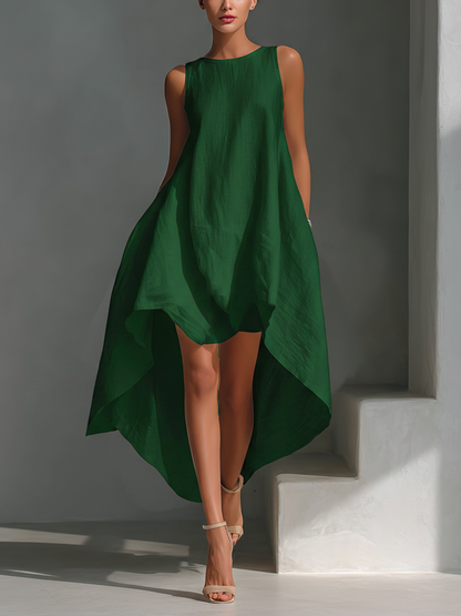 Linen Sleeveless Asymmetric Hem Midi Dress