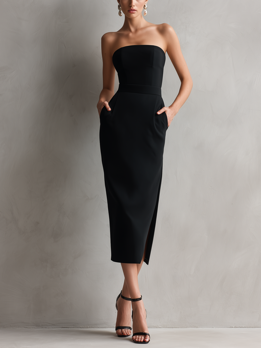 Black Stretch Strapless Bodycon Midi Dress