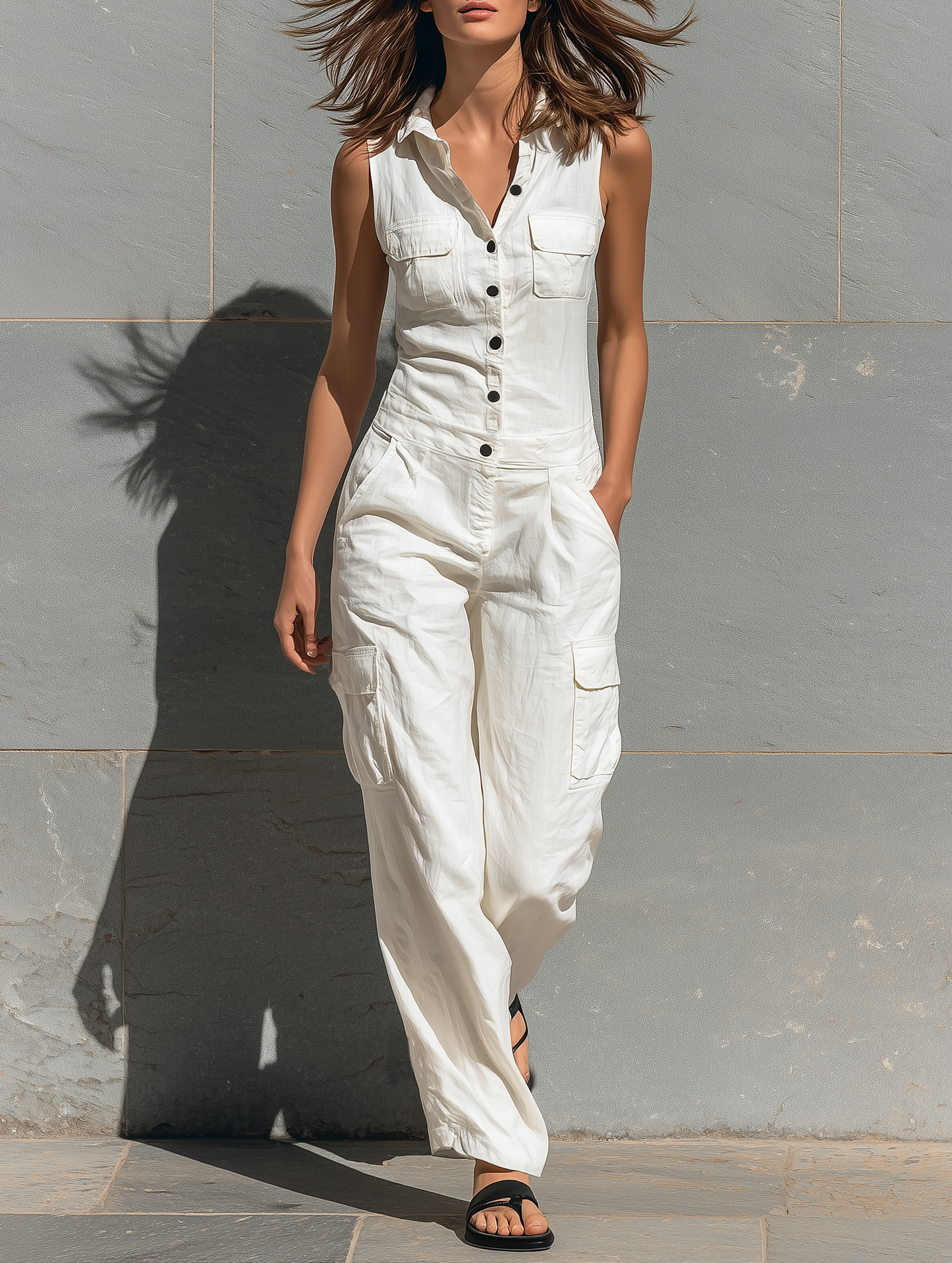 Cotton Blend Single-Breasted Sleeveless Jumpsuit