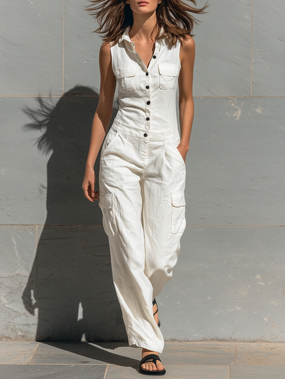 Cotton Blend Single-Breasted Sleeveless Jumpsuit