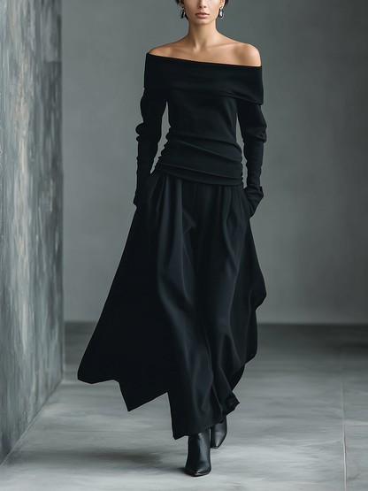 Black Knit Off-Shoulder Top & Woven Skirt Set